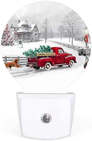 לילה אורות 2 חבילה, חורף חג המולד אדום משאית שלג עגול תקע לתוך קיר מנורות לילה, אוטומטי כהה לשחר הוביל