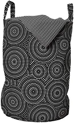 שק כביסה שחור ולבן אמבסון, עיגולים מנוקדים קונצנטריים בהשראת אמנות אבורגינית אוסטרלית, סל סל עם ידיות
