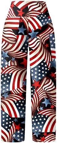 מכנסי רגל רחבים 4 ביולי פשתן לנשים דגל אמריקאי רושם מכנסי רגל רחבים של מותניים גבוהים עם כיסים מכנסי