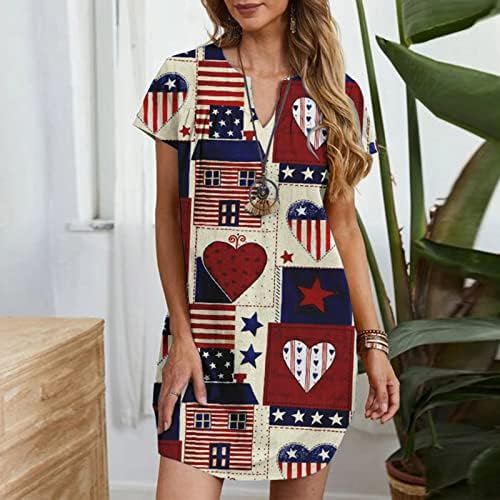 ADSSDQ 4 ביולי שמלות קיץ לנשים 2023 אופנה רופפת חצאית ישר V-NECK US הדפס דגל דגל שמלת חוף עם שרוולים