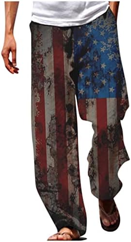 מכנסי פשתן מזדמנים של גברים יום עצמאות אמריקאית יום 3D מודפסים רגליים ישרות מותניים אלסטיים מותניים