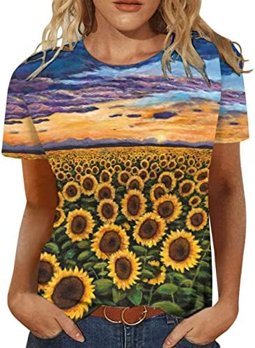 Tifzhadiao קיץ שרוול קצר חולצה מזדמנת לנשים חמניות להדפיס חולצת טריקו טרנדיות צוואר עגול חמוד צווארון