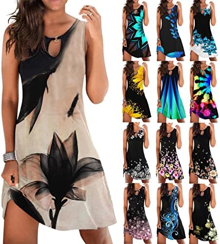 שמלות קיץ של ג'יאלוו לנשים צוואר חור מפתח בוהו הדפס פרחוני שמלת שינה מזדמנת חלולה חוצה שמלת מיני ללא