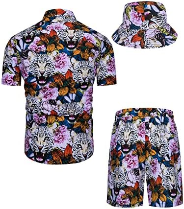 חולצות הוואי של Tunevuse Mens Shirts ומכנסיים קצרים קבעו 2 חתיכות תלבושת טרופית כפתור הדפסת פרחים למטה