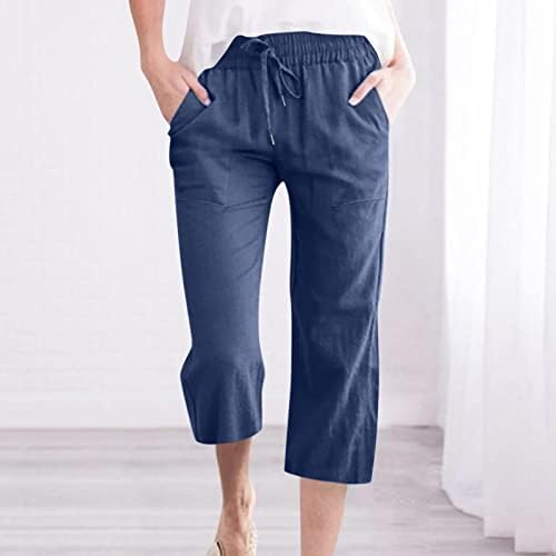 מכנסי קפרי פשתן לנשים לנשים מקדימות מגרש קיץ מכנסי רגל רחבים רופפים מכנסיים מתאימים עם כיסים