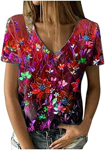 קיץ סתיו חולצה בנות 2023 קצר שרוול כותנה עמוק צוואר גרפי הדפסת פרחוני טרקלין למעלה טי לנשים