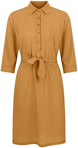 שמלת עבודות קיץ של נשים כפתור חגורה חמוד שמלות חולצה קצרה 3/4 שרוול V צוואר משרד חולצת כיסים שמלת שמלת