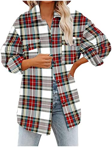 חולצות משובצות לנשים פלוס גודל קל משקל שרוול ארוך פלנל כפתור דש מטה מעילי אור לכיס מעילי נשים מעילי