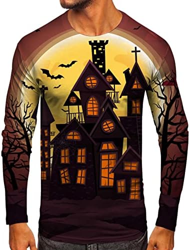 חולצות טריקו של Zddo Halloween לגברים, המסיבה מזדמנת הדפסת בית רדוף שרוול ארוך שרוול ארוך גרפיקה דקה