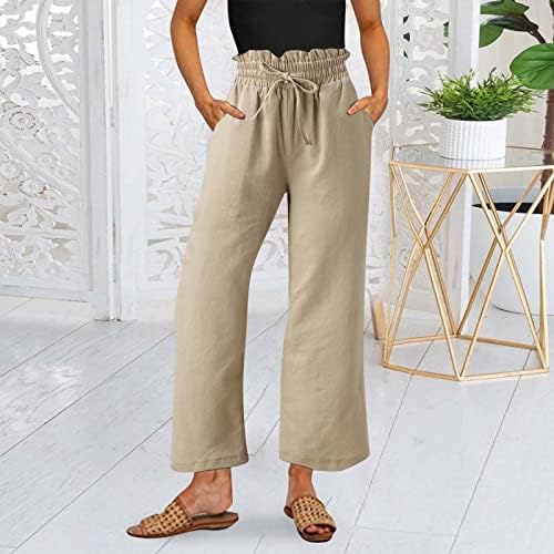 מכנסי פשתן כותנה לנשים, חוף קל משקל רחב רגל רופף בכושר קפרי אורך מכנסיים קצוצים עם כיסים