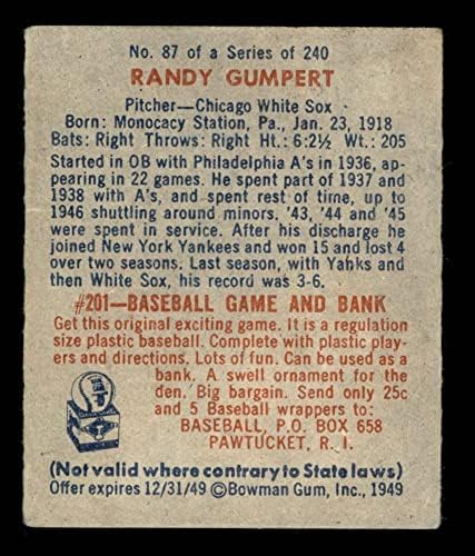 1949 Bowman 87 רנדי גומפרט שיקגו ווייט סוקס VG White Sox