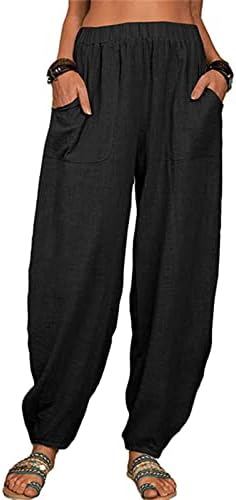 Maiyifu-GJ לנשים פשתן רחבים מכנסי רגל רחבים מותניים אלסטיים מכנסיים ארוכים רופפים מכנסיים ארוכים מותניים