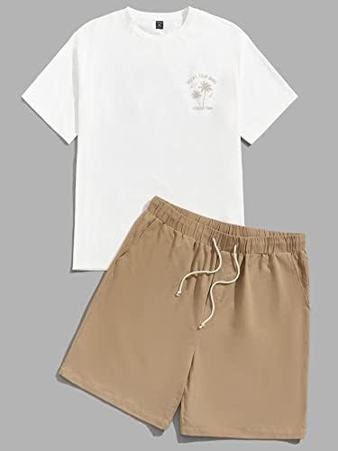 Lubose שני תלבושות של שני חלקים לגברים Slogan ו- Tropical Print Tee & Sharkstring Shorts Shorts