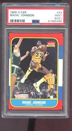 1986-87 Fleer 53 Magic Johnson PSA 9 כרטיס כדורסל מדורגים 86-87 לייקרס-כרטיסי כדורסל לא חתומים