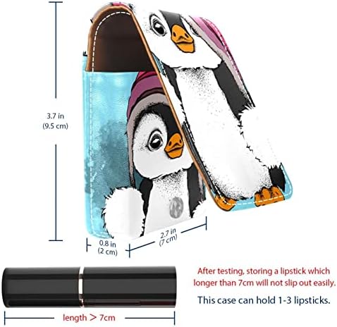 עור גלוס שפתון ארגונית עם מראה, מיני שפתון מחזיק תיק,חיות פינגווינים אמנות נמשך דפוס